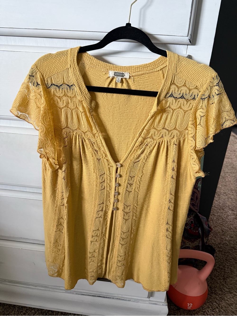 gimmicks by BKE Yellow Lace-Accent Button Front Top